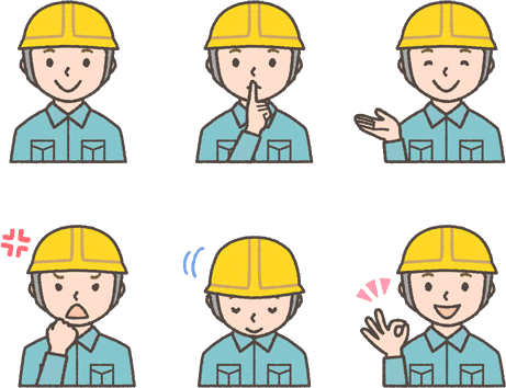 ヘルメットをかぶった工事現場作業員の表情イラスト6種