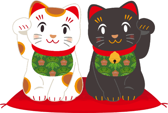 商用フリー・無料イラスト_招き猫白黒_白(右手上げ)_黒(黒左手上げ)"