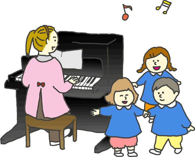 ピアノに合わせて歌を唄う園児のイラスト